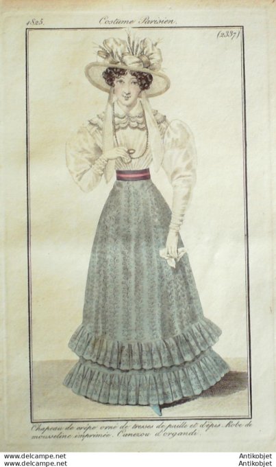 Gravure de mode Costume Parisien 1825 n°2337 Robe mousseline Canezou d'organdi