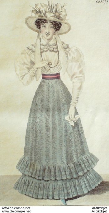 Gravure de mode Costume Parisien 1825 n°2337 Robe mousseline Canezou d'organdi