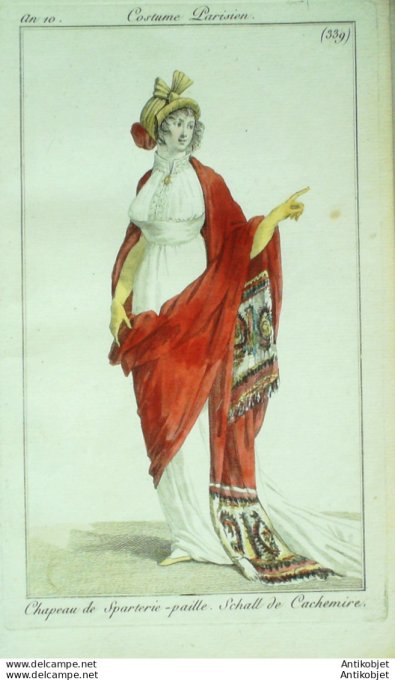 Gravure de mode Costume Parisien 1801 n° 339 (An 10) Schall de Cachemire