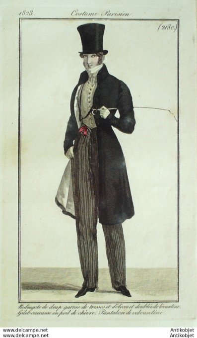 Gravure de mode Costume Parisien 1823 n°2180 Redingote homme drap tresses d'olives