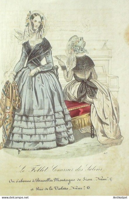 Gravure Mode Le Follet 1838 # 417 (aquarelle Old Fashion plate)
