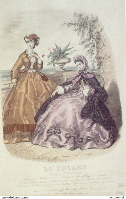 Gravure Mode Le Follet 1864 # 2420 (aquarelle Old Fashion plate)