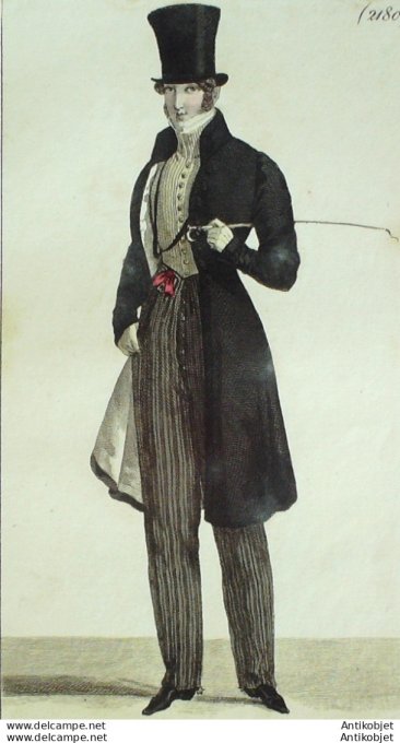 Gravure de mode Costume Parisien 1823 n°2180 Redingote homme drap tresses d'olives