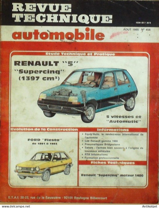 Revue Tech. Automobile 1985 n°458 Renault 5 Supercina Ford Fiesta