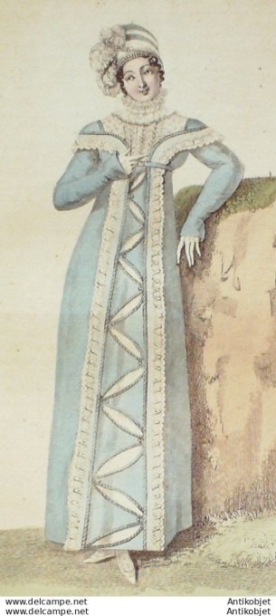 Gravure de mode Costume Parisien 1811 n°1196 Chapeau retroussé de perles