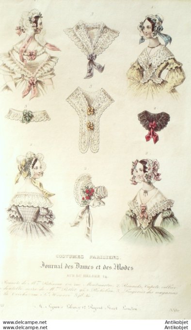 Costume Parisien 1838 # 3580 Bonnets capote collier en dentelle