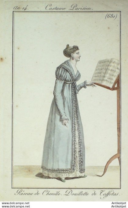 Gravure de mode Costume Parisien 1805 n° 681 (An 14) Douillette de taffetas