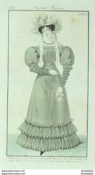 Gravure de mode Costume Parisien 1825 n°2338 Robe de toile garnie de volans