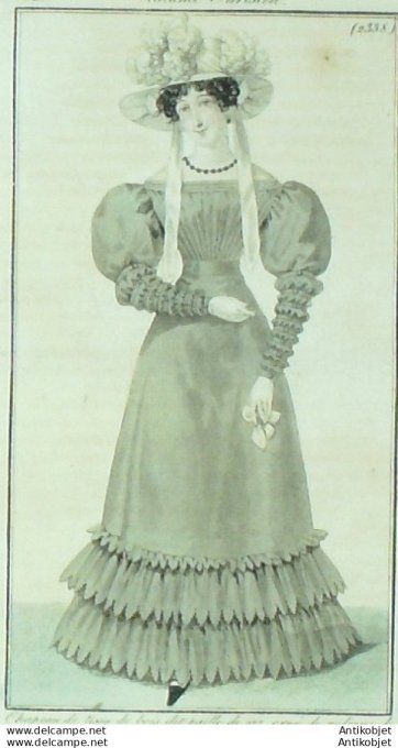 Gravure de mode Costume Parisien 1825 n°2338 Robe de toile garnie de volans