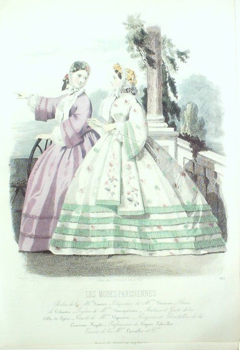 Gravure Les Modes Parisiennes 1861 # 965 Robes satin Maison Fauvet
