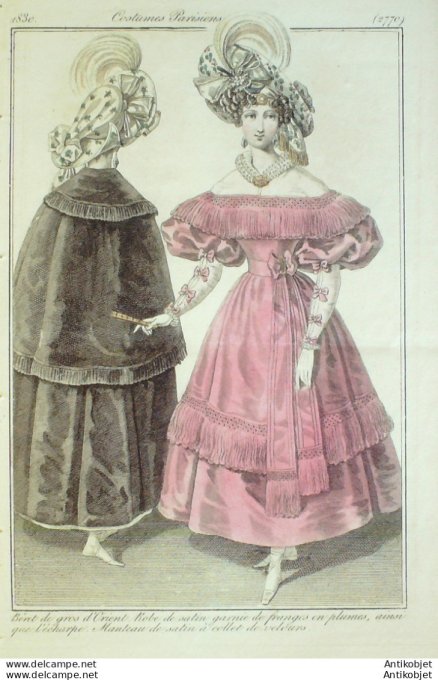 Gravure de mode Costume Parisien 1830 n°2770 Manteau Robe satin à collet