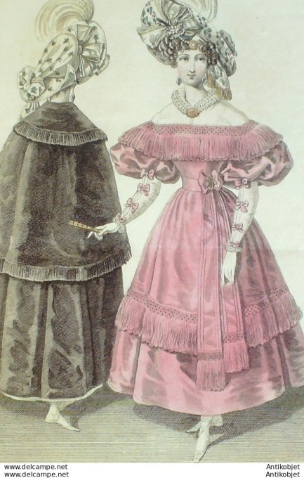 Gravure de mode Costume Parisien 1830 n°2770 Manteau Robe satin à collet