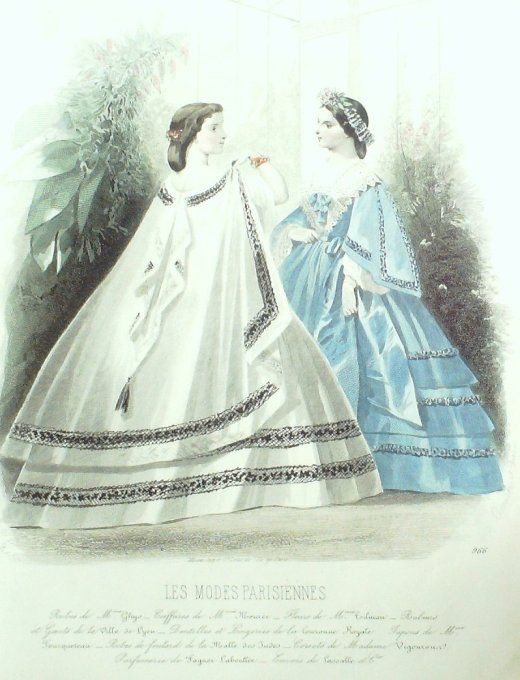 Gravure Les Modes Parisiennes 1861 # 966 Robes en satin Maison Ghys