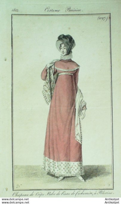 Gravure de mode Costume Parisien 1812 n°1197 Robe cachemire à Pélerine