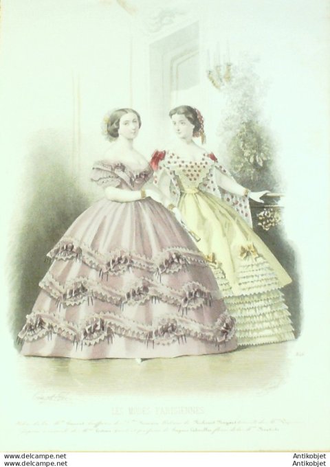 Gravure Les Modes Parisiennes 1859 # 846 Robes de bal Maison Fauvet