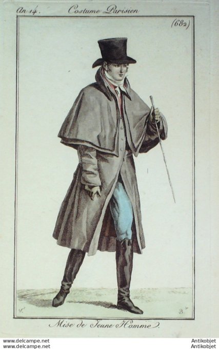 Gravure de mode Costume Parisien 1805 n° 682 (An 14) mise de jeune homme