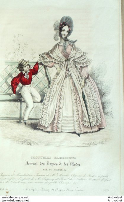 Gravure de mode Costume Parisien 1838 n°3578 Peignoir & mantelet en Jaconas