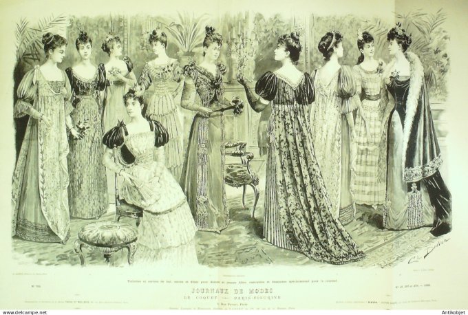 Gravure de mode Le Coquet 1886 n°08 Robe de ville (Maison Toche) Gd format
