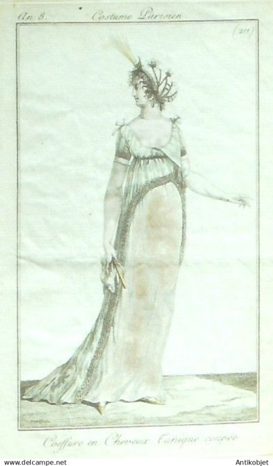 Gravure Costume Parisien 1800 an 8 # 211 (eau forte) Tunique coupée coiffure en cheveux