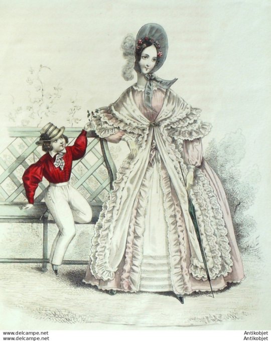 Gravure de mode Costume Parisien 1838 n°3578 Peignoir & mantelet en Jaconas