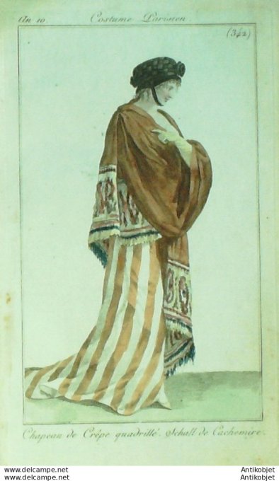 Gravure de mode Costume Parisien 1801 n° 342 (An 10) Schall de Cachemir