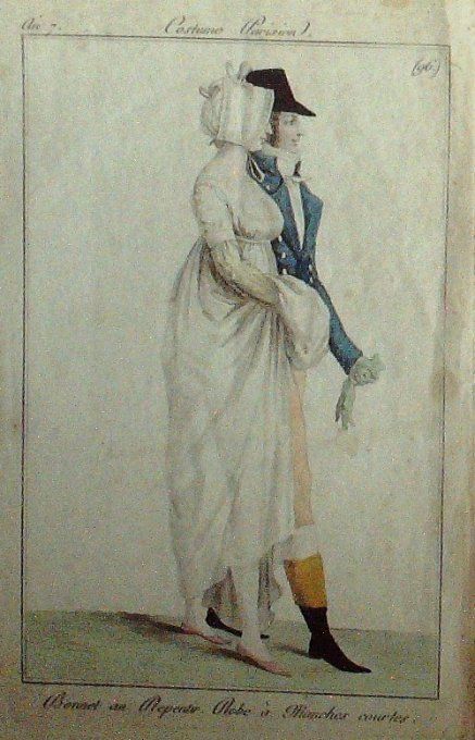 Gravure Mode Costume Parisien 1798 an  7 #  96 (eau forte old Fashion plate