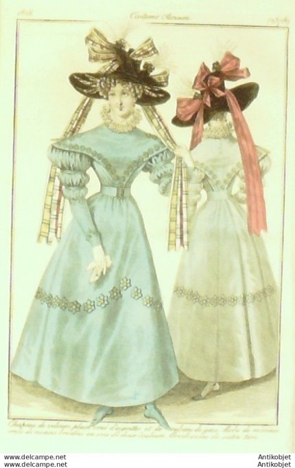 Gravure  de mode Costume Parisien 1825 n°2313 Robe de gaze ornée de bouffans