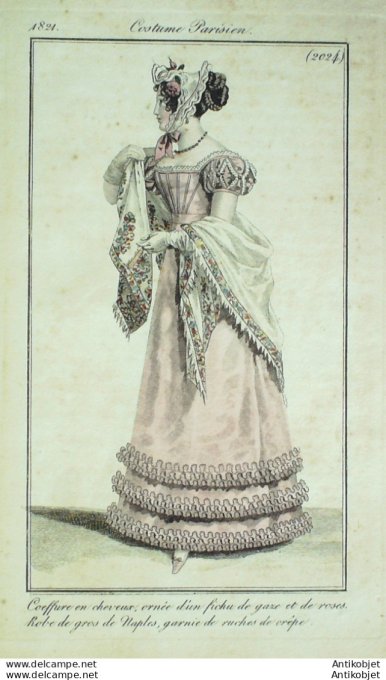 Gravure de mode Costume Parisien 1821 n°2024 Robe  gros de Naples fichu