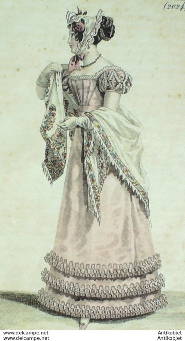 Gravure de mode Costume Parisien 1821 n°2024 Robe  gros de Naples fichu