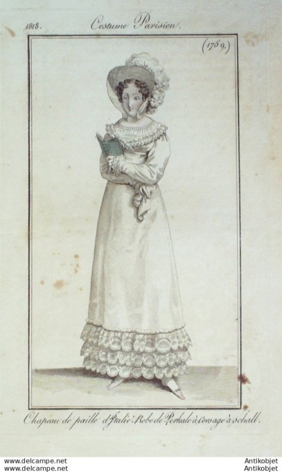 Gravure de mode Costume Parisien 1818 n°1759 Robe perkale à corsage a schall