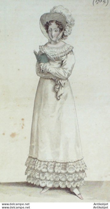 Gravure de mode Costume Parisien 1818 n°1759 Robe perkale à corsage a schall