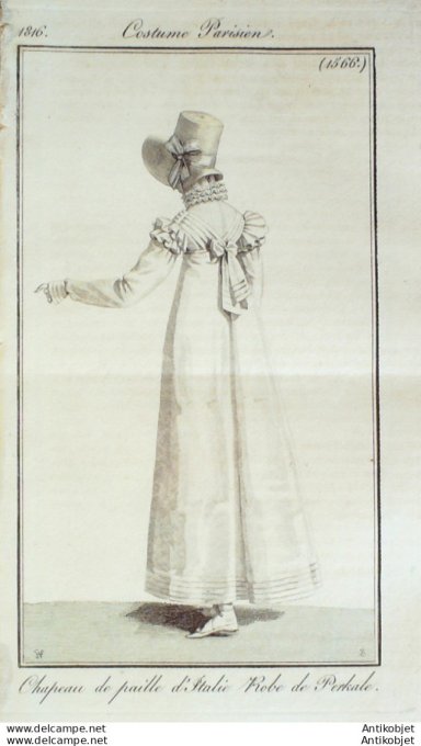 Gravure de mode Costume Parisien 1816 n°1566 Robe perkale