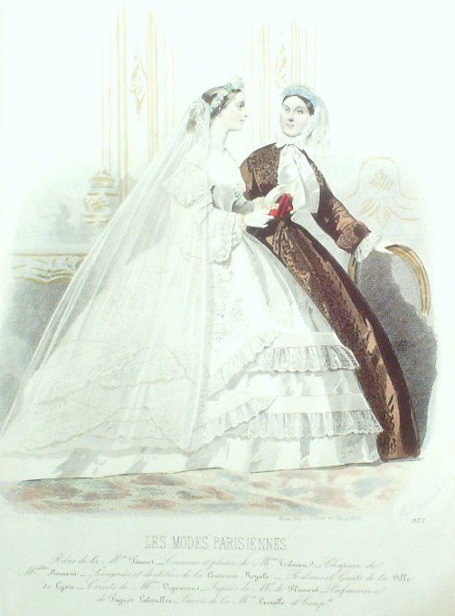Gravure Les Modes Parisiennes 1861 # 973 Robe de mariée Maison Fauvet