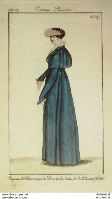 Gravure de mode Costume Parisien 1805 n° 684 (An 14) Chapeau velours & liserets