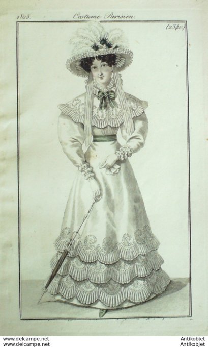 Gravure de mode Costume Parisien 1825 n°2340 Robe perkale garnie
