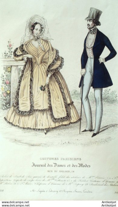 Gravure de mode Costume Parisien 1838 n°3581 Costume homme veste gilet piqué