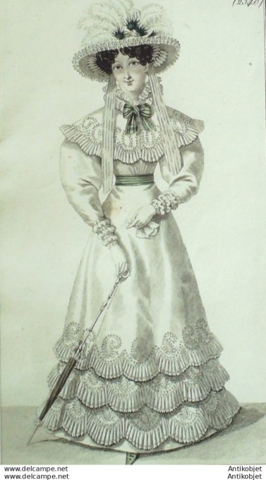 Gravure de mode Costume Parisien 1825 n°2340 Robe perkale garnie