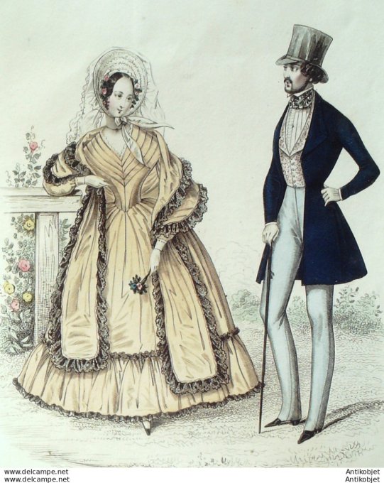 Gravure de mode Costume Parisien 1838 n°3581 Costume homme veste gilet piqué