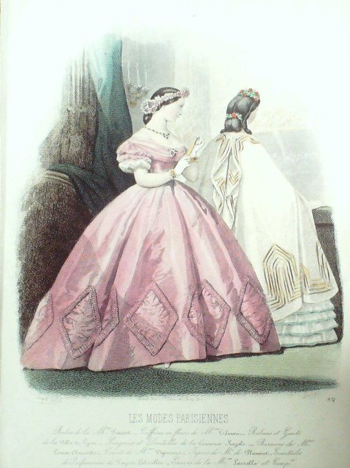 Gravure Les Modes Parisiennes 1861 # 974 Robes Satin Maison Fauvet