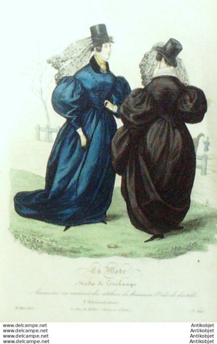 Gravure La mode 1835 # 445 (aquarelle old Fashion plate) Amazones