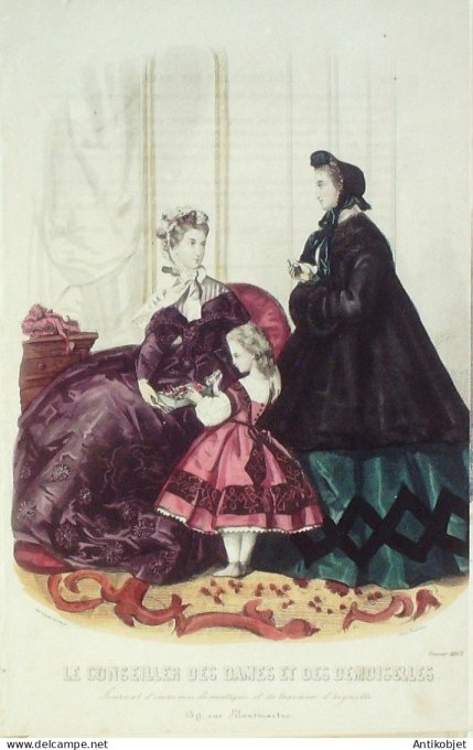 Gravure Mode Conseiller des Dames 1863 #  2 (aquarellee Old Fashion plate)