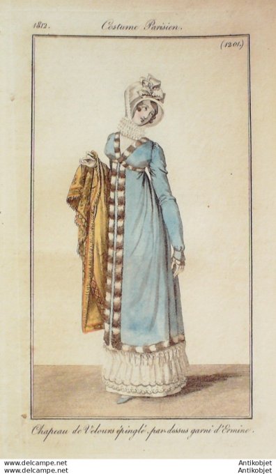 Gravure de mode Costume Parisien 1812 n°1201 Chapeau velours épinglé