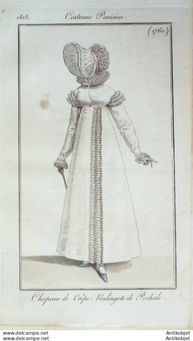 Gravure de mode Costume Parisien 1818 n°1760 Redingote à perkal
