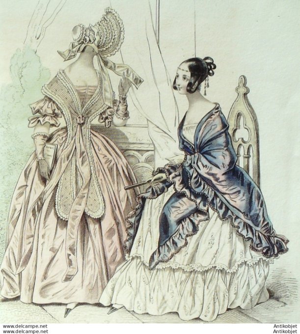 Gravure de mode Costume Parisien 1838 n°3582 Robe de gros de Naples