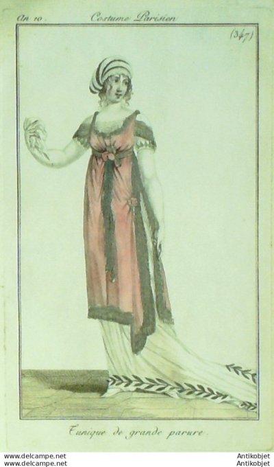 Gravure de mode Costume Parisien 1801 n° 347 (An 10) Tunique à grande parure