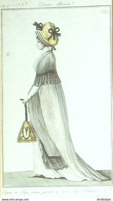 Costume Parisien 1797 an 6 # 52 (eau forte) Capote en crêpe garnie en Talbalassé