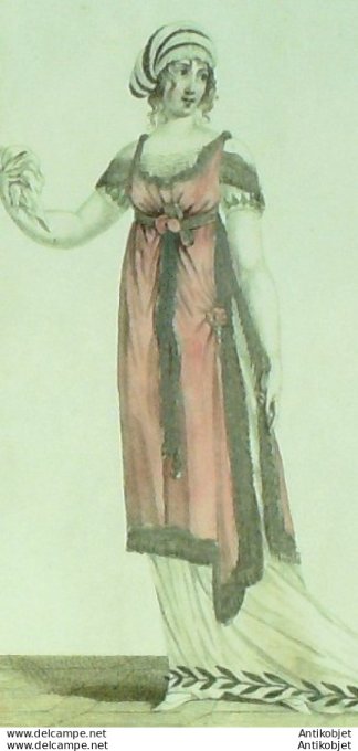 Gravure de mode Costume Parisien 1801 n° 347 (An 10) Tunique à grande parure