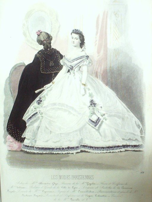 Gravure Les Modes Parisiennes 1861 # 978 Robes de soirée Maison Ghys