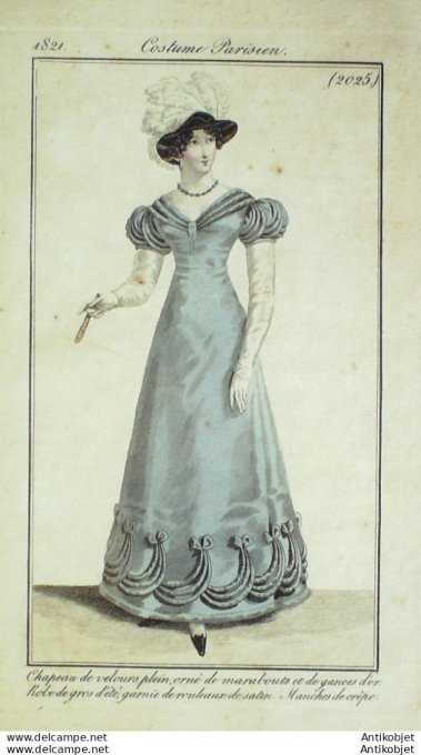 Gravure de mode Costume Parisien 1821 n°2025 Robe de gros d'été garnie