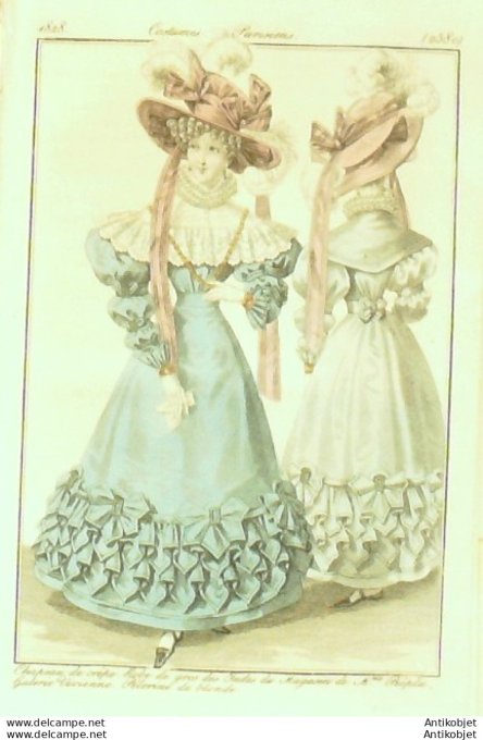 Gravure  de mode Costume Parisien 1825 n°2295 Robes de Tulle ornées de satin, turban